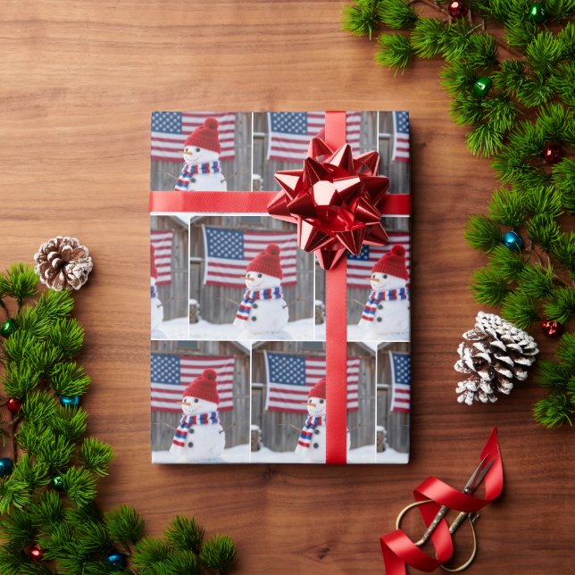 Papel De Regalo Patriotic Snowman With American Flag (Regalo de vacaciones)