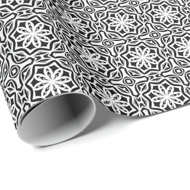 Papel De Regalo Patrón 4 de líneas de Mandala en blanco y negro (Esquina del rollo)