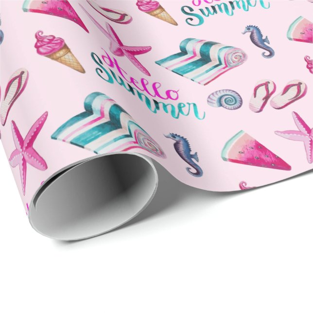 Papel De Regalo Patrón acuarela de playa veraniega rosa femenino (Esquina del rollo)