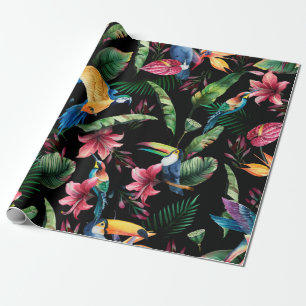 Papel De Regalo Patrón acuarela sin costura, aves tropicales, touc