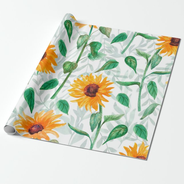 Papel De Regalo Patrón acuarela sin fisuras con girasoles (Desenrollado)