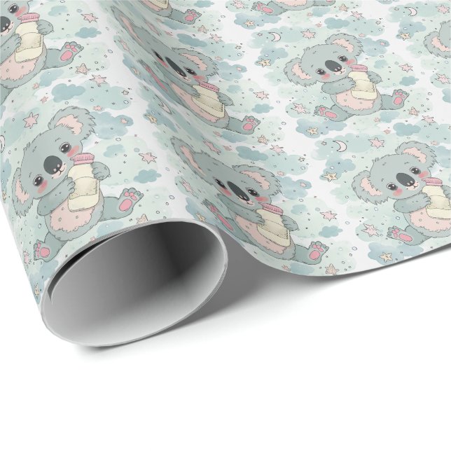 Papel De Regalo Patrón acuático Koala Cute Baby Pastel (Esquina del rollo)