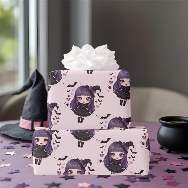 Papel De Regalo Patrón adorable de chica brujo rosa púrpura (Spooky cute purple pink witchy girl pattern wrapping paper)