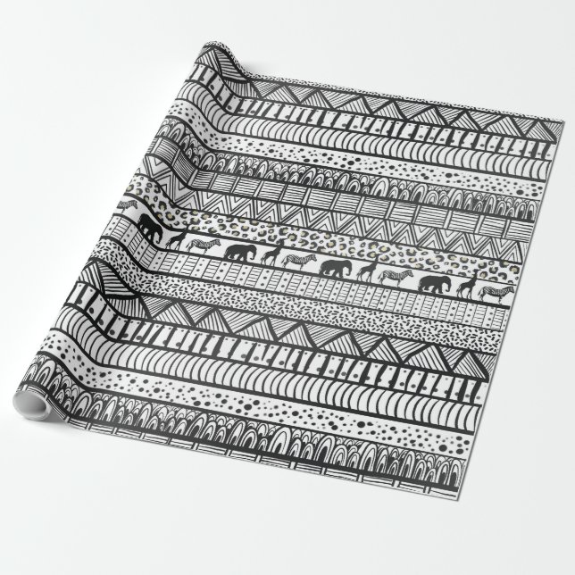 Papel De Regalo Patrón africano tribal blanco negro (Desenrollado)