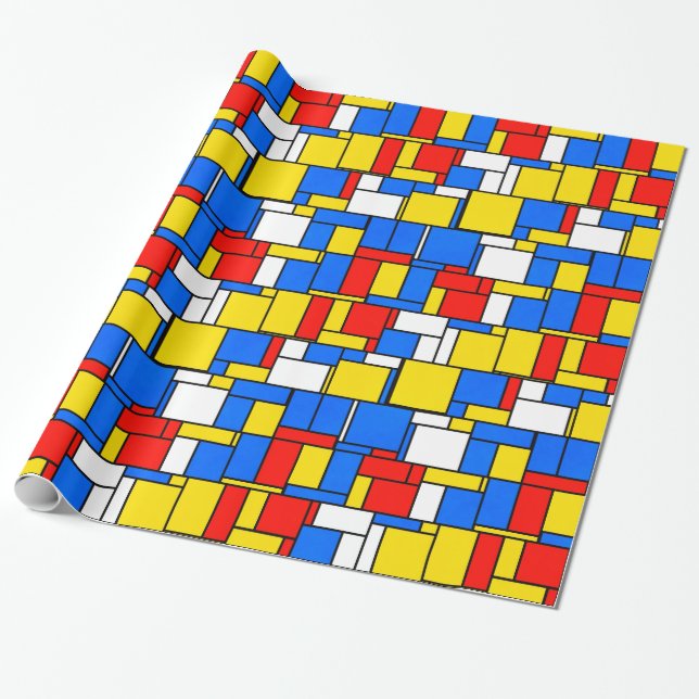 Papel De Regalo Patrón amarillo rojo azul de inspiración mondriana (Desenrollado)