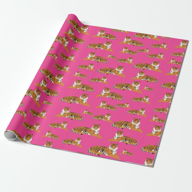 Papel De Regalo Patrón animal de tigre de jungla rosada Naranja (Desenrollado)