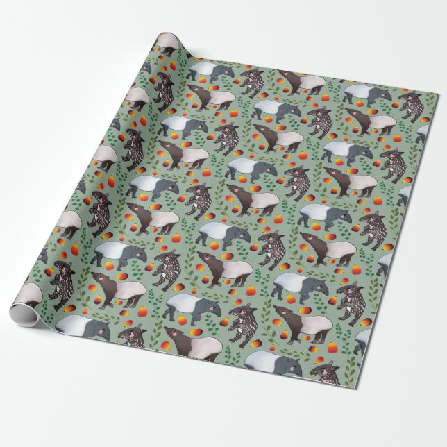 Papel De Regalo Patrón animal tapir verde y negro de Malasia (Desenrollado)