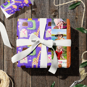 Papel De Regalo Patrón animal zoológico Purple Happy Birday Photo