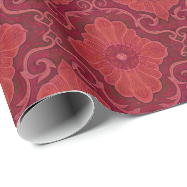 Papel De Regalo Patrón arabesco floral de "flor roja" (Esquina del rollo)