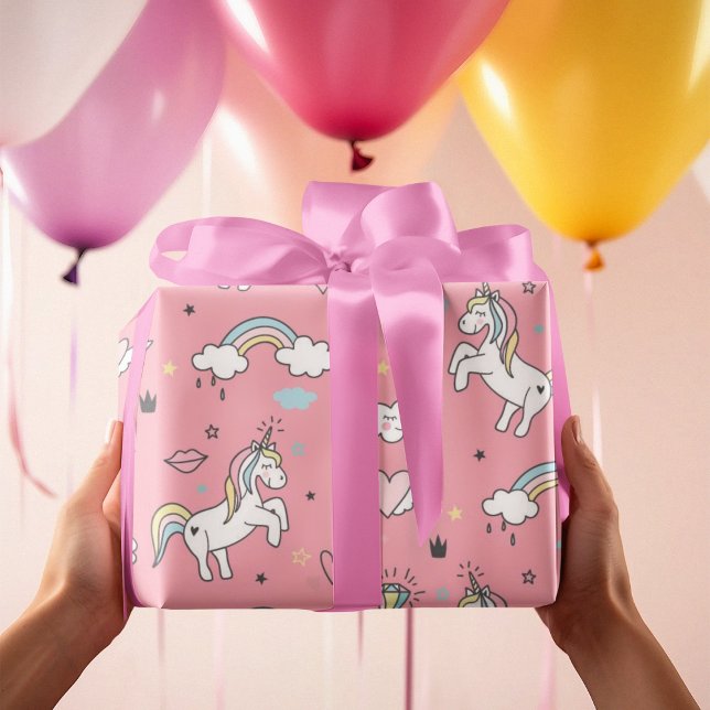 Papel De Regalo Patrón arcoiris de Unicornio rosa (Pink Unicorn Rainbow Pattern Wrapping Paper)