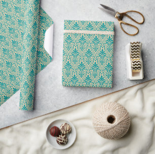 Papel De Regalo Patrón Art Deco 01 - Verde azulado en blanco