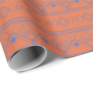 Papel De Regalo Patrón Art Deco 08 - Azul prusiano sobre Naranja