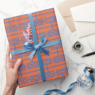 Papel De Regalo Patrón Art Deco 09 - Azul prusiano sobre Naranja