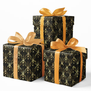 Papel De Regalo Patrón Art Decó de oro y gramo negro