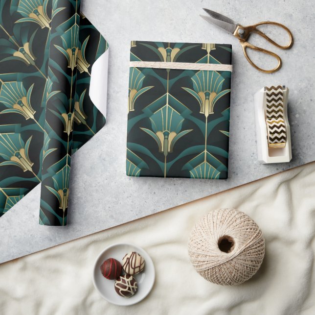 Papel De Regalo Patrón Art Deco de Turquesa y Oro (Artesanía)