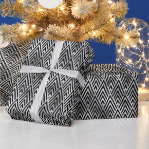 Papel De Regalo Patrón Art Decó del diamante plateado y negro