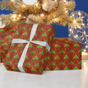 Papel De Regalo Patrón Art Déco dorado y verde sobre rojo