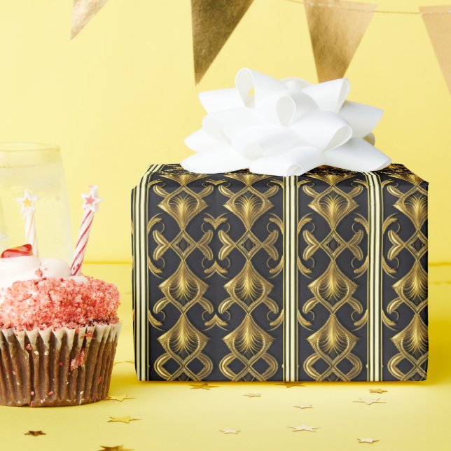 Papel De Regalo Patrón Art Deco elegante en negro y oro (Fiesta de cumpleaños )