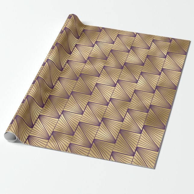Papel De Regalo Patrón Art Decó morado y dorado (Desenrollado)