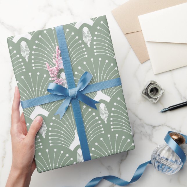 Papel De Regalo Patrón Art Deco verde y blanco sabio (Regalar)