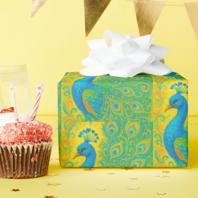 Papel De Regalo Patrón Art Nouveau Peacock Yellow Damask (Fiesta de cumpleaños )