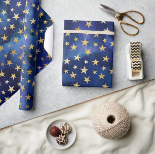 Papel De Regalo Patrón azul acuarela con estrellas doradas