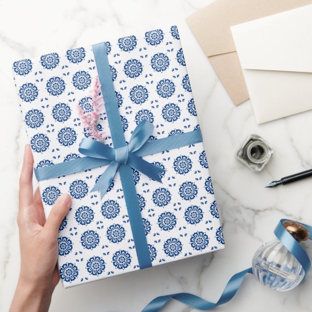 Papel De Regalo Patrón azul de flor blanco (Regalar)
