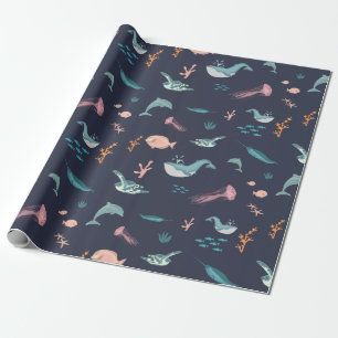Papel De Regalo Patrón azul de los animales acuáticos del océano