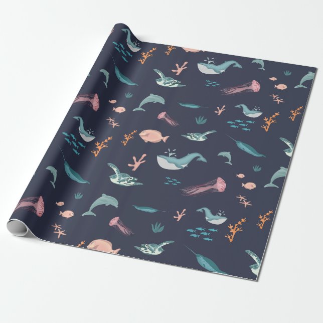 Papel De Regalo Patrón azul de los animales acuáticos del océano (Desenrollado)