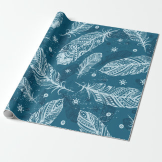 Papel De Regalo Patrón azul de plumas vintage