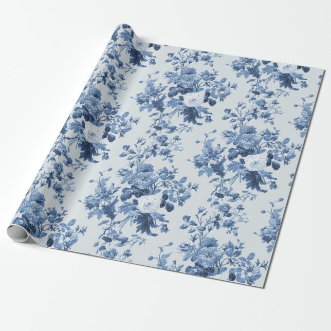 Papel De Regalo Patrón azul fuerte y floral del Jardín de la cabañ (Desenrollado)