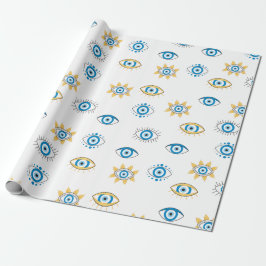 Papel De Regalo Patrón azul, oro y blanco de Mati de ojos griegos