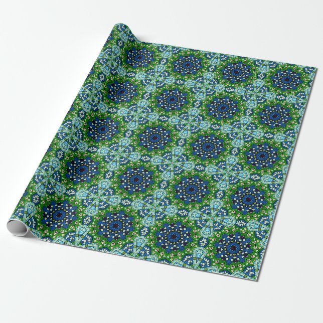 Papel De Regalo Patrón azul verde retro mosaico de Mandala (Desenrollado)