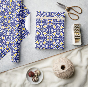 Papel De Regalo Patrón azul y amarillo de mosaicos mediterráneos