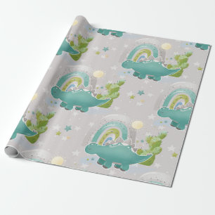 Papel De Regalo Patrón Baby Shower De Dinosaurios Verdes Y Arcoiri