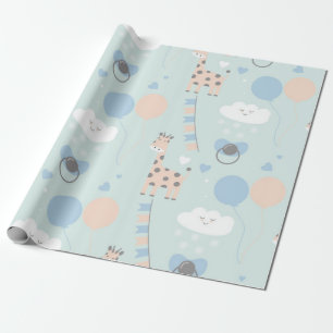 Papel De Regalo Patrón Baby Shower de guirafa azul