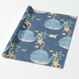 Papel De Regalo Patrón Baby Shower del mundo submarino de ballenas