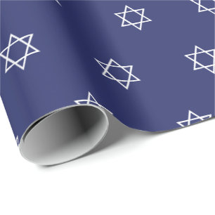 Papel De Regalo Patrón blanco azul marino de Magen David Hanukkah