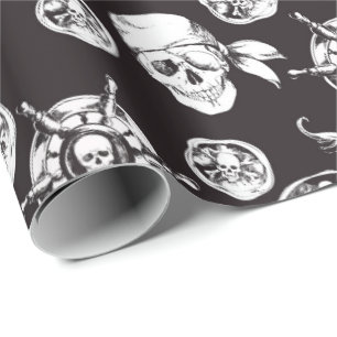 Papel De Regalo Patrón blanco negro de cráneos piratas
