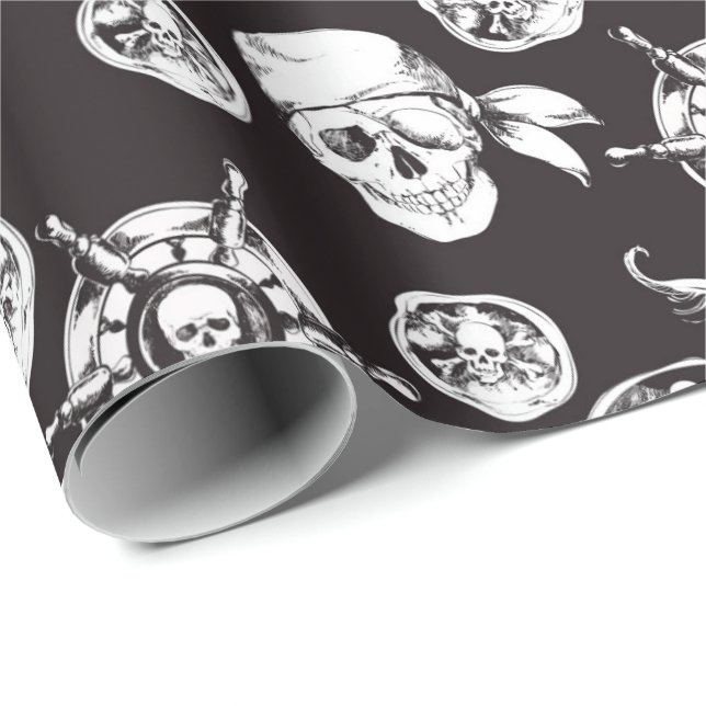 Papel De Regalo Patrón blanco negro de cráneos piratas (Esquina del rollo)