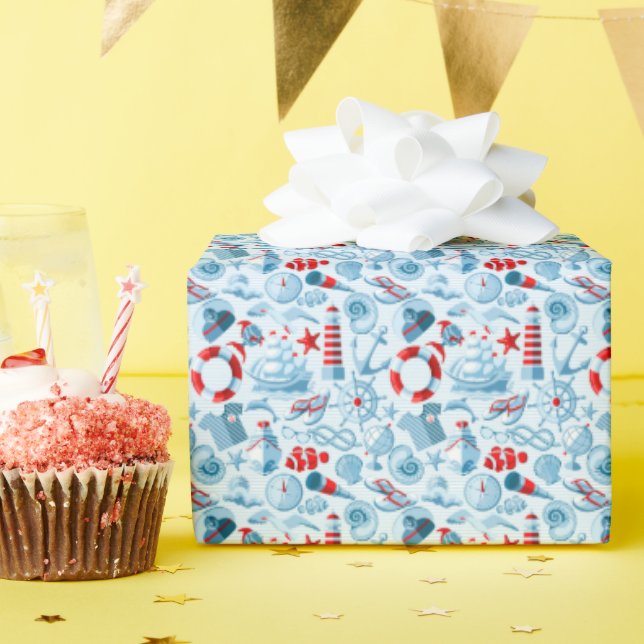 Papel De Regalo Patrón Blanco Y Azul Náutico Rojo (Fiesta de cumpleaños )