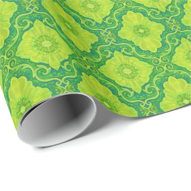 Papel De Regalo Patrón bohemio "floral palatiana" amarillo y verde (Esquina del rollo)