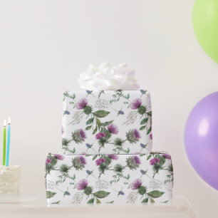 Papel De Regalo Patrón Botánico de Cardo Púrpura Acuarela