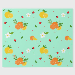 Papel De Regalo Patrón botánico de cítricos y mariquitas con flore