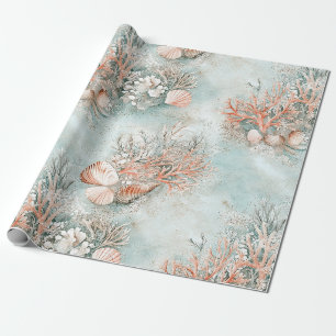 Papel De Regalo Patrón Botánico de Concha de Océano Aqua Suave