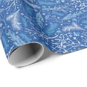 Papel De Regalo Patrón botánico de invierno azul y blanco