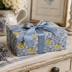 Papel De Regalo Patrón Botánico de Limón Azul Vintage