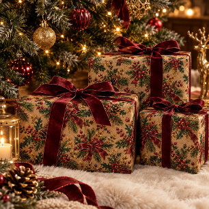 Papel De Regalo Patrón Botánico de Navidad Kraft – Lazo Burdeos, 