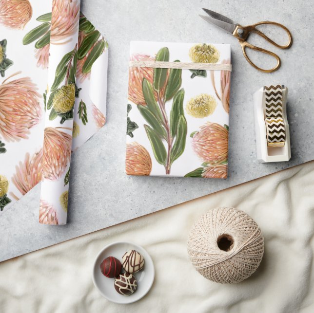 Papel De Regalo Patrón botánico de Pincushion Protea (Artesanía)