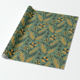 Papel De Regalo Patrón botánico estilizado de flores naranjas y ne